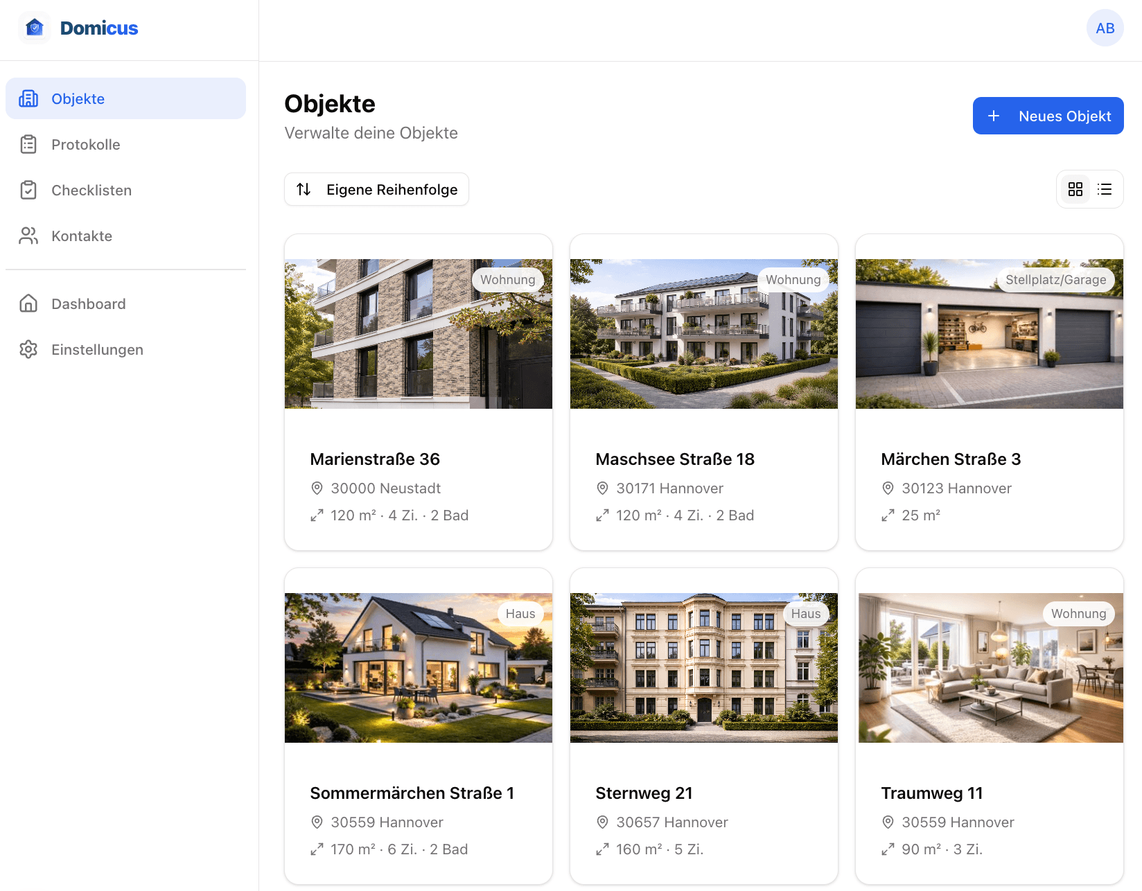 Domicus Web-Dashboard — Objekte verwalten