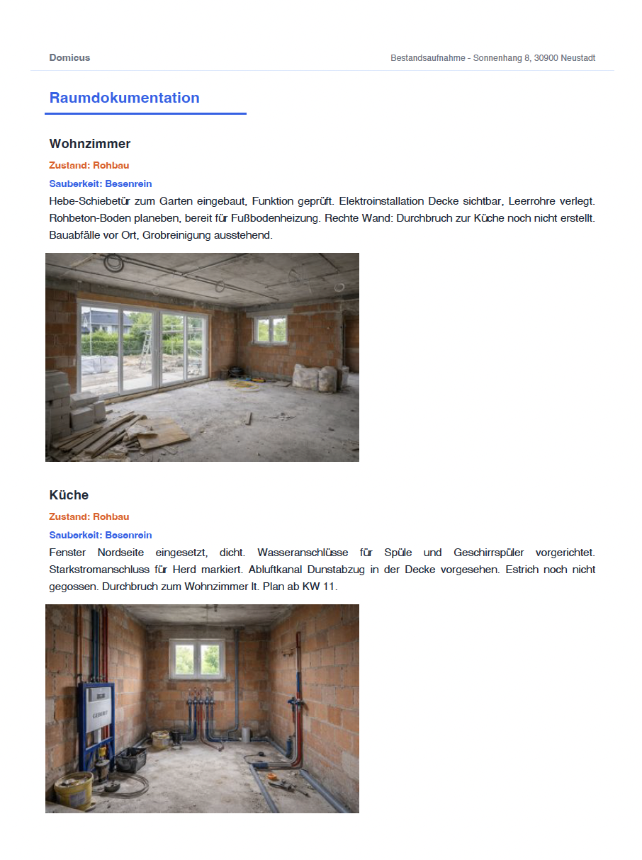 Bestandsaufnahme PDF-Protokoll mit Rohbau-Fotos